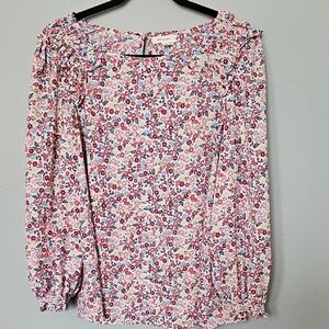 Max Studio Romantic Spring White Ruffled Shoulder Long Sleeve Floral Top Large